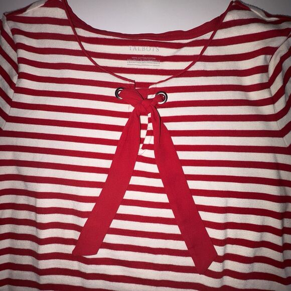 Talbots Red & White Striped Top Tie Front Size Large Nautical Cotton 3/4 Sleeves - Picture 7 of 9